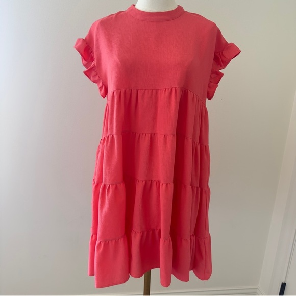 Charming Coral Pink Flutter Sleeve Ruffled Women's Sundress Size Small - Picture 2 of 10